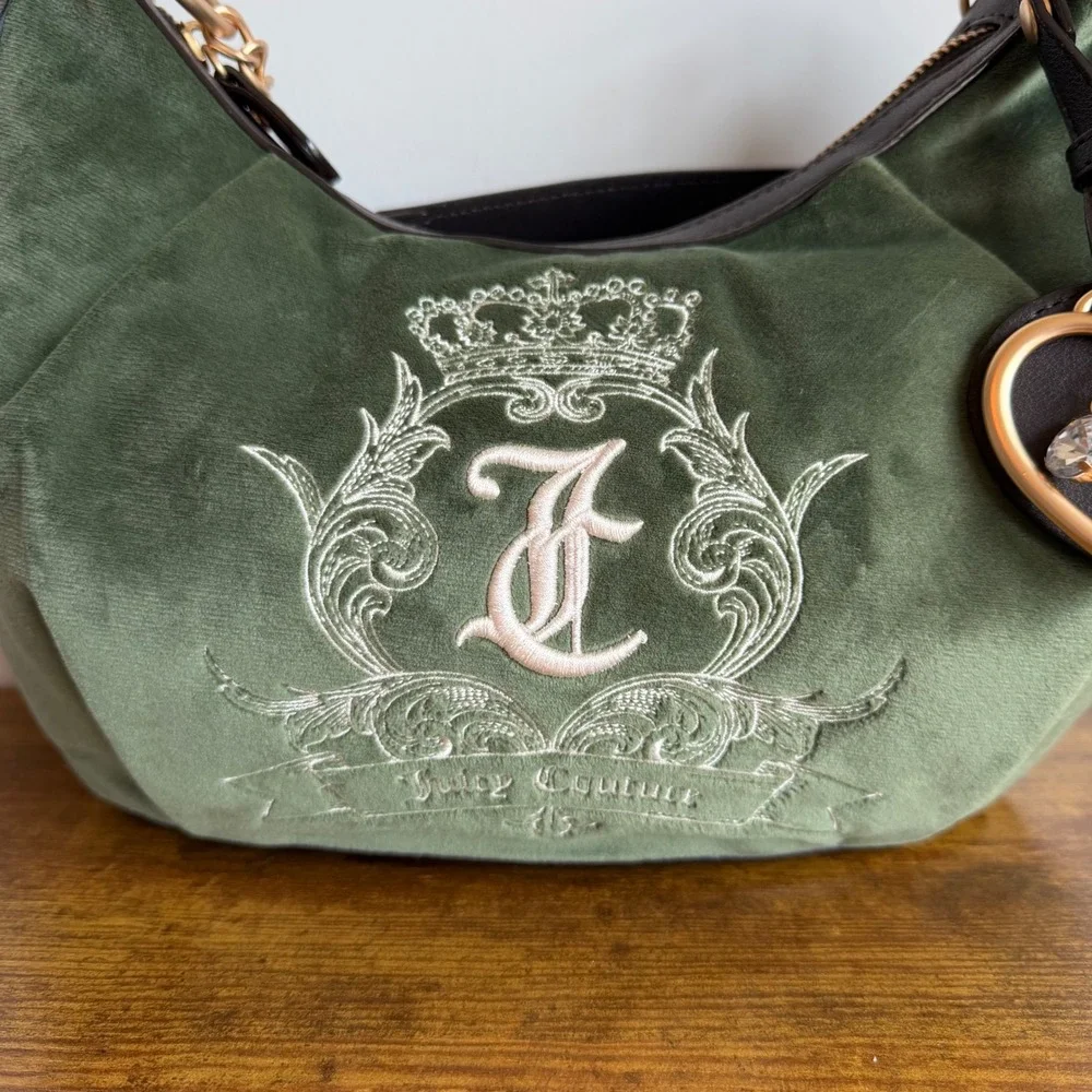 New Juicy Couture Need More Green Brown Shoulder Hobo Handbag Wristlet Set Y2K